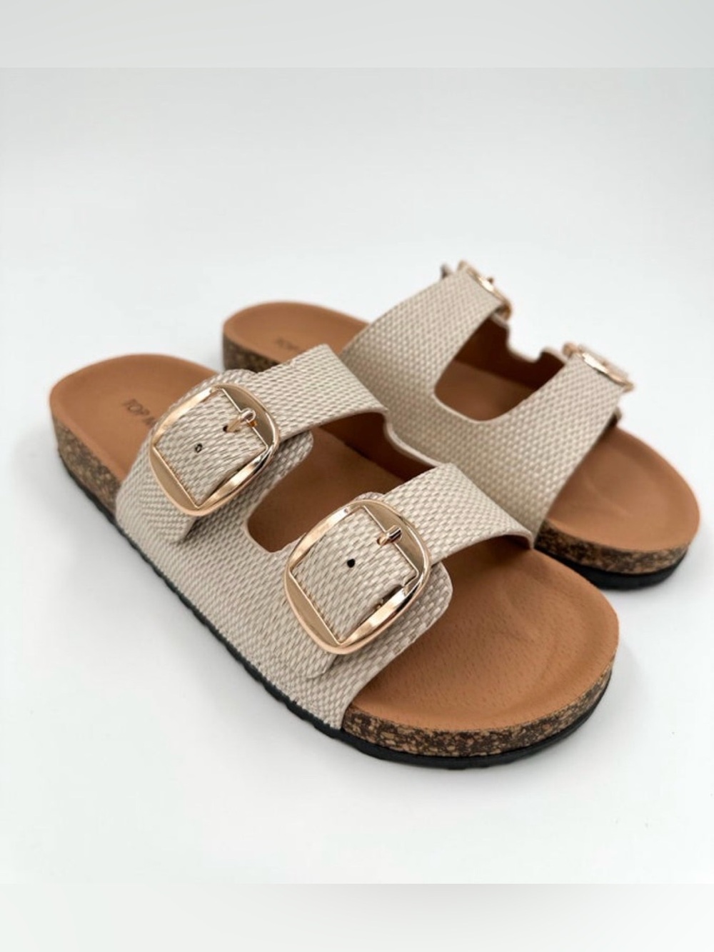 Top Moda Beige Double-Buckle Slide Sandals with Gold Buckles